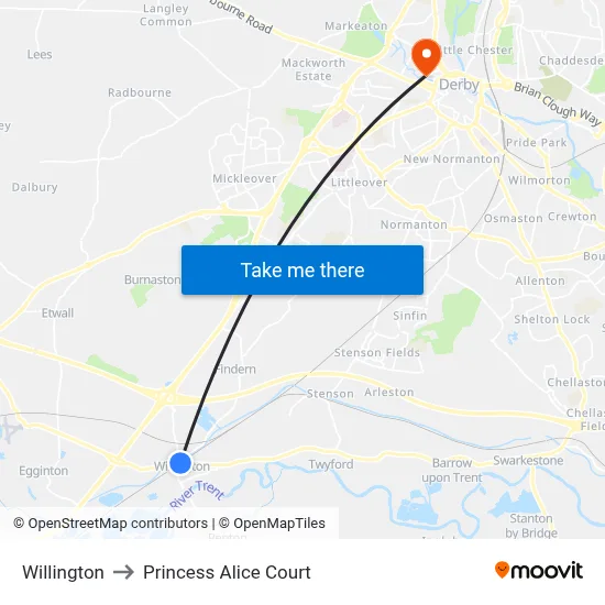 Willington to Princess Alice Court map