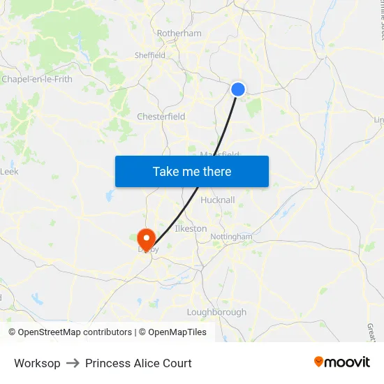 Worksop to Princess Alice Court map