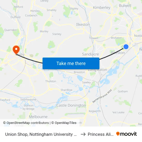 Union Shop, Nottingham University Main Campus (Un32) to Princess Alice Court map