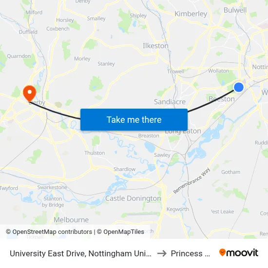 University East Drive, Nottingham University Main Campus (Un41) to Princess Alice Court map