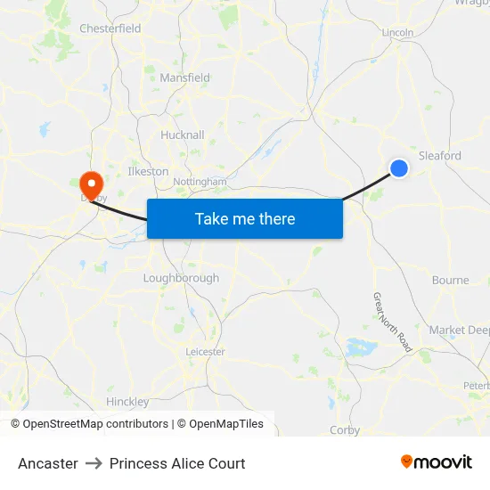 Ancaster to Princess Alice Court map