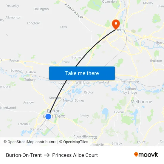 Burton-On-Trent to Princess Alice Court map