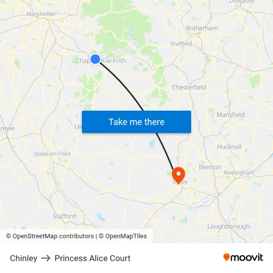 Chinley to Princess Alice Court map