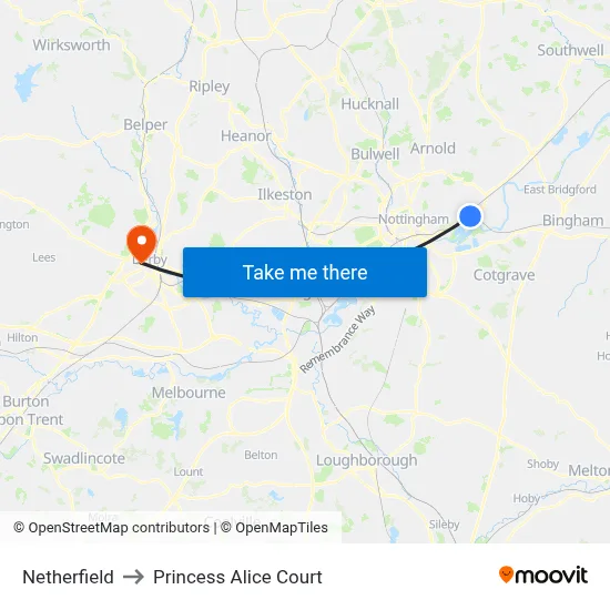 Netherfield to Princess Alice Court map