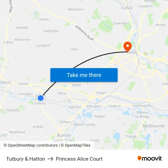 Tutbury & Hatton to Princess Alice Court map