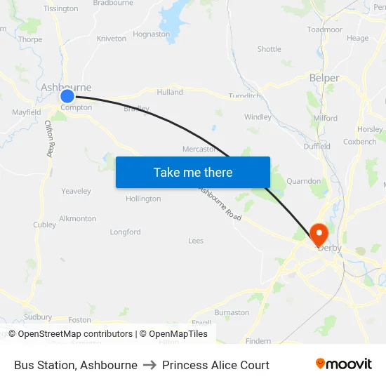 Bus Station, Ashbourne to Princess Alice Court map