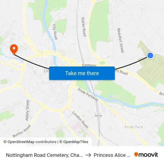 Nottingham Road Cemetery, Chaddesden to Princess Alice Court map
