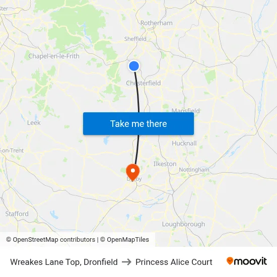 Wreakes Lane Top, Dronfield to Princess Alice Court map