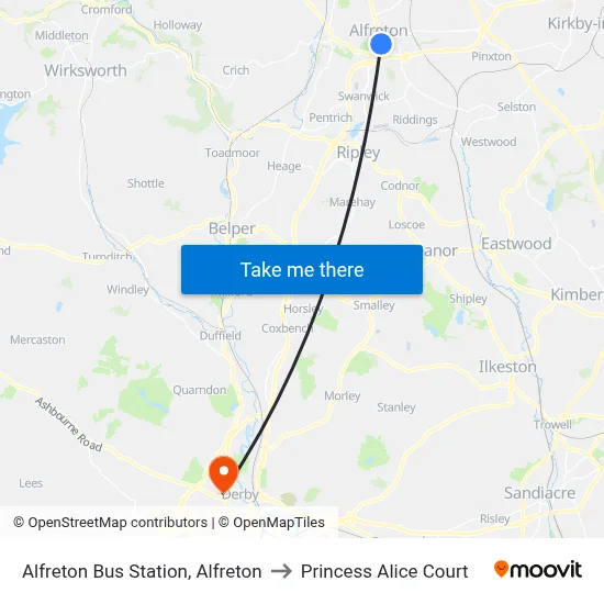 Alfreton Bus Station, Alfreton to Princess Alice Court map