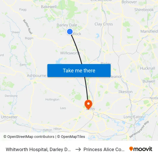 Whitworth Hospital, Darley Dale to Princess Alice Court map