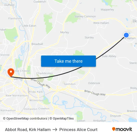 Abbot Road, Kirk Hallam to Princess Alice Court map