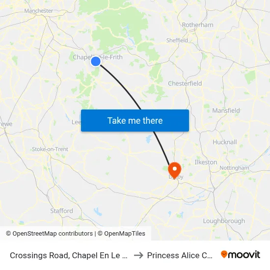 Crossings Road, Chapel En Le Frith to Princess Alice Court map