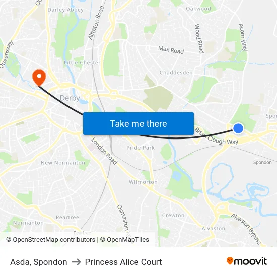 Asda, Spondon to Princess Alice Court map