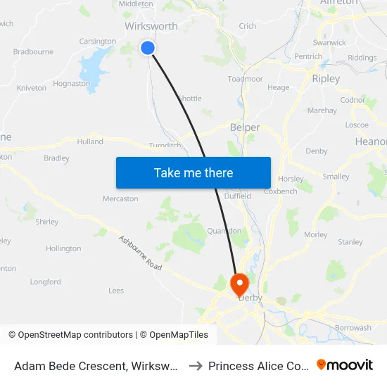 Adam Bede Crescent, Wirksworth to Princess Alice Court map
