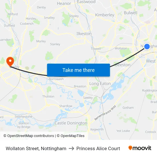 Wollaton Street, Nottingham to Princess Alice Court map