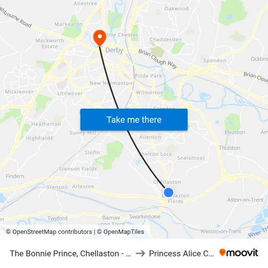 The Bonnie Prince, Chellaston - Derby to Princess Alice Court map
