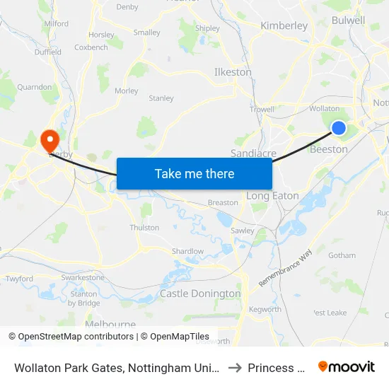 Wollaton Park Gates, Nottingham University Main Campus (Un12) to Princess Alice Court map