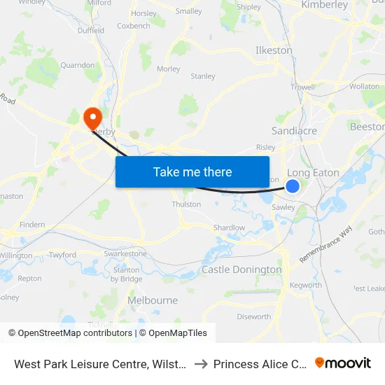 West Park Leisure Centre, Wilsthorpe to Princess Alice Court map