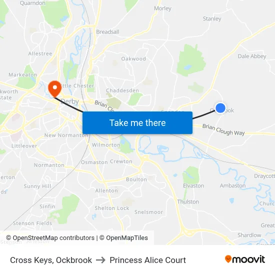 Cross Keys, Ockbrook to Princess Alice Court map