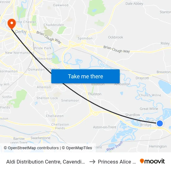 Aldi Distribution Centre, Cavendish Bridge to Princess Alice Court map