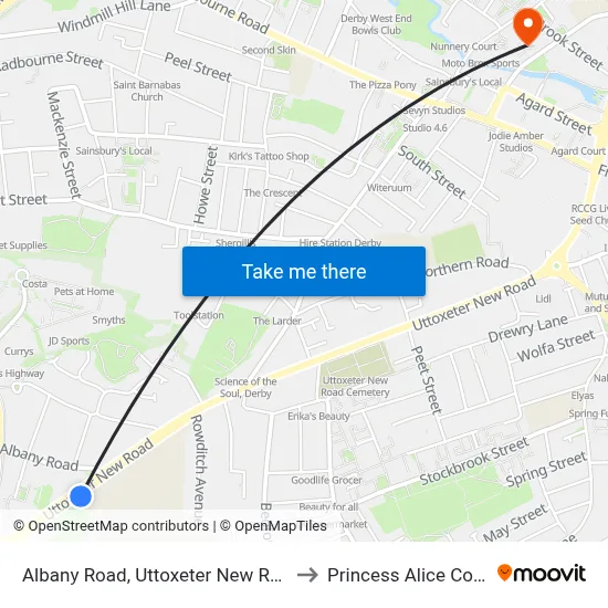 Albany Road, Uttoxeter New Road to Princess Alice Court map