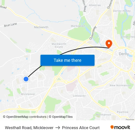 Westhall Road, Mickleover to Princess Alice Court map