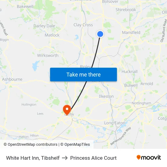 White Hart Inn, Tibshelf to Princess Alice Court map