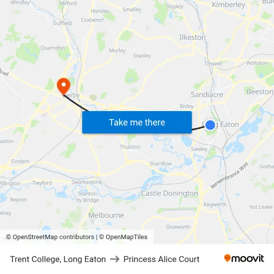 Trent College, Long Eaton to Princess Alice Court map
