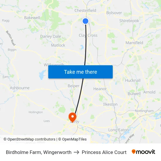 Birdholme Farm, Wingerworth to Princess Alice Court map