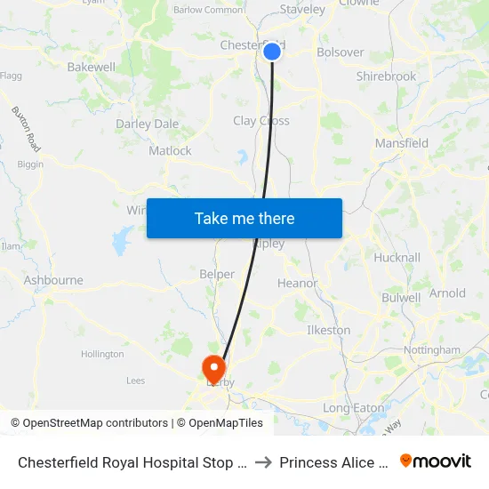 Chesterfield Royal Hospital Stop 2, Calow to Princess Alice Court map