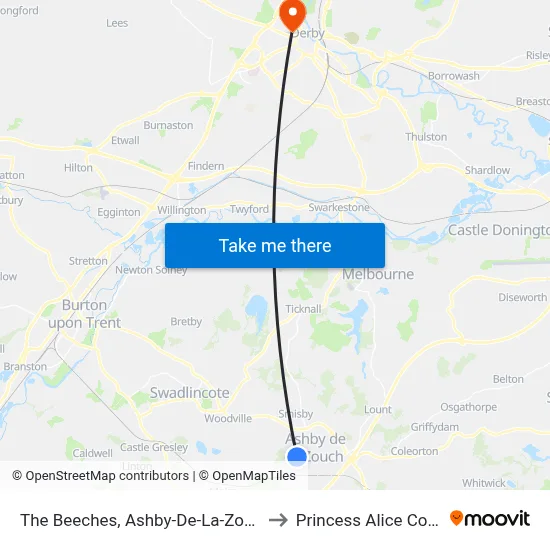 The Beeches, Ashby-De-La-Zouch to Princess Alice Court map