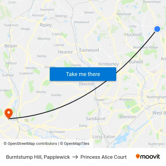 Burntstump Hill, Papplewick to Princess Alice Court map