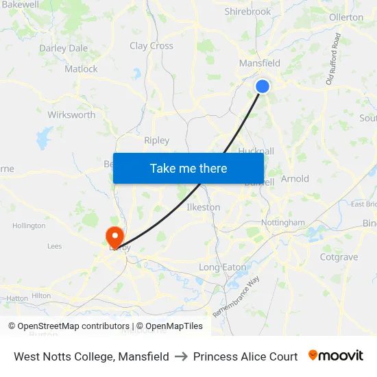 West Notts College, Mansfield to Princess Alice Court map
