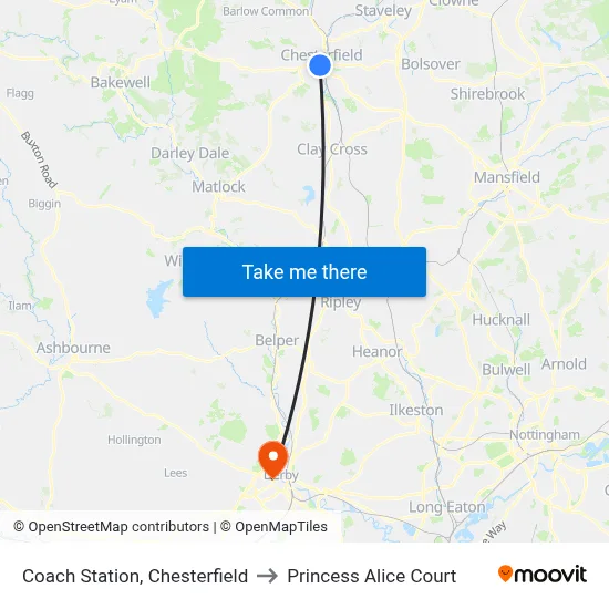 Coach Station, Chesterfield to Princess Alice Court map