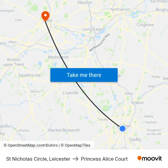 St Nicholas Circle, Leicester to Princess Alice Court map