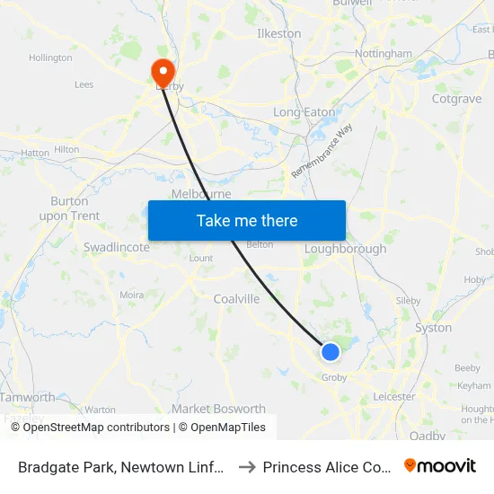 Bradgate Park, Newtown Linford to Princess Alice Court map