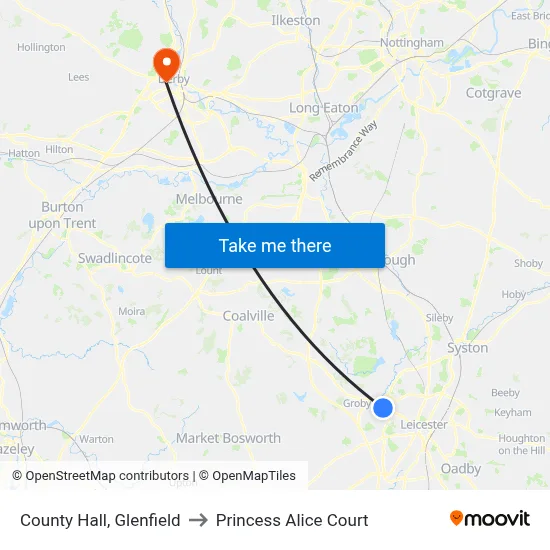 County Hall, Glenfield to Princess Alice Court map