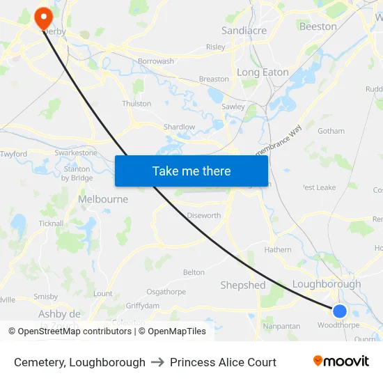 Cemetery, Loughborough to Princess Alice Court map