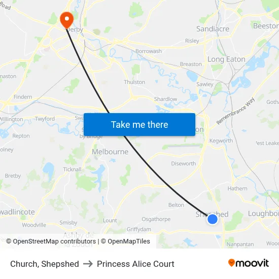 Church, Shepshed to Princess Alice Court map