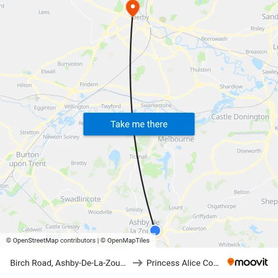 Birch Road, Ashby-De-La-Zouch to Princess Alice Court map