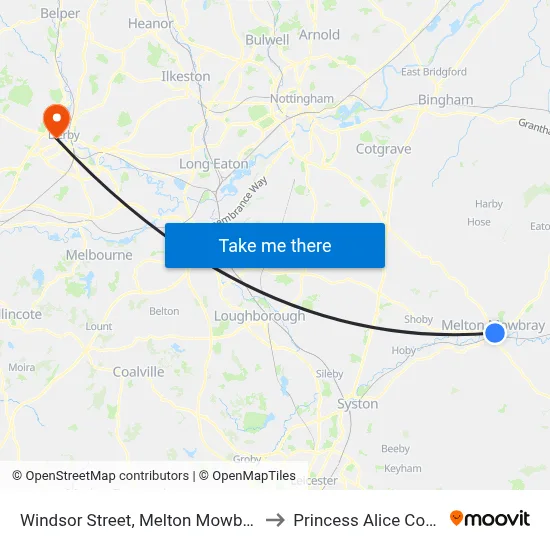 Windsor Street, Melton Mowbray to Princess Alice Court map