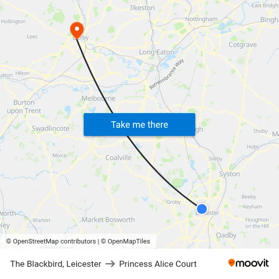 The Blackbird, Leicester to Princess Alice Court map