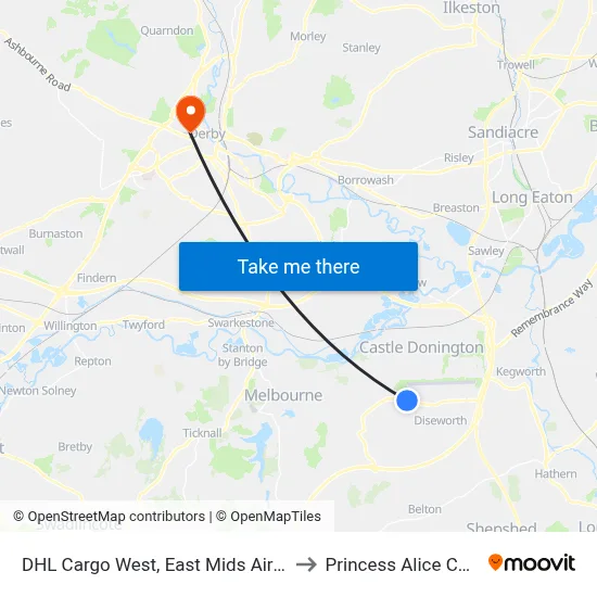 DHL Cargo West, East Mids Airport to Princess Alice Court map