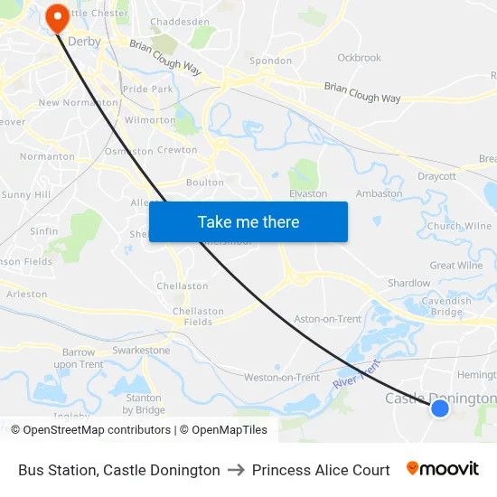 Bus Station, Castle Donington to Princess Alice Court map