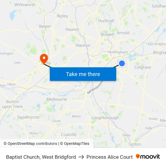 Baptist Church, West Bridgford to Princess Alice Court map