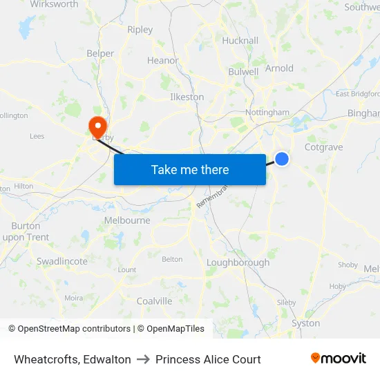Wheatcrofts, Edwalton to Princess Alice Court map