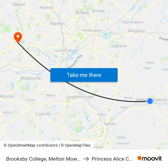 Brooksby College, Melton Mowbray to Princess Alice Court map