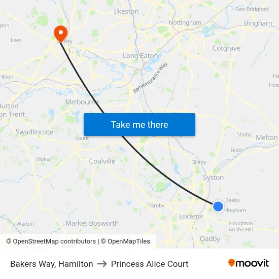 Bakers Way, Hamilton to Princess Alice Court map