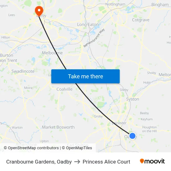 Cranbourne Gardens, Oadby to Princess Alice Court map