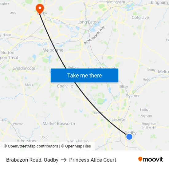Brabazon Road, Oadby to Princess Alice Court map